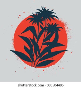 Red round circle splash stain. Modern graffiti style icon. Presentation gift card. Beautiful flowers. Vector illustration.