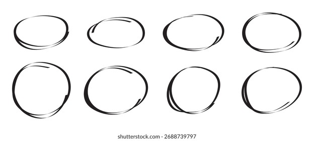 Círculos redondos vermelhos definidos. Rabiscar de caneta ou marcador, bordas de lápis, ovais grunge, quadro de linha em estilo de esboço na moda. Ilustração isolada de vetor.