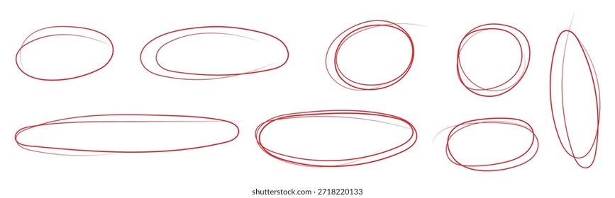 Círculos redondos vermelhos definidos. Rabiscar de caneta ou marcador, bordas de lápis, ovais grunge, quadro de linha em estilo de esboço na moda. Ilustração isolada de vetor.