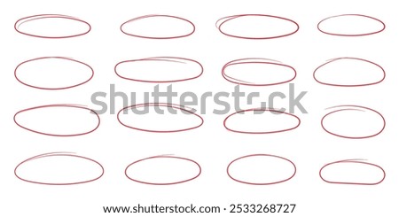 Red round circles set. Pen or marker doodle scribble, pencil borders, grunge ovals, line frame i trendy sketch style. Isolated vector illustration.