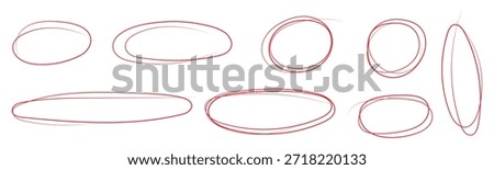 Red round circles set. Pen or marker doodle scribble, pencil borders, grunge ovals, line frame i trendy sketch style. Isolated vector illustration.