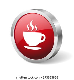 Red round coffee button with metallic border on white background