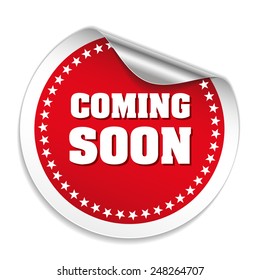 Red round coming soon sticker on white background