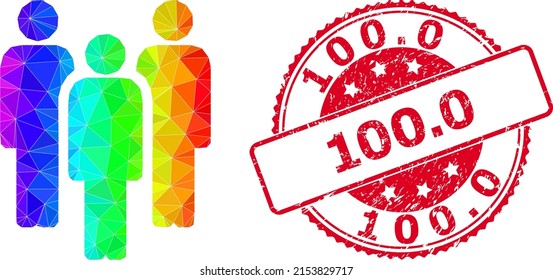 Red round corroded 100.0 stamp seal and low-poly people icon with rainbow vibrant gradient. Triangulated spectrum vibrant people polygonal icon illustration with 100.0 unclean round red stamp seal.