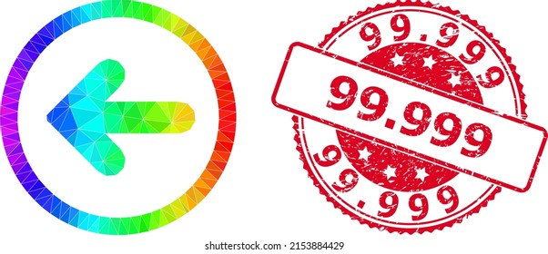 Rojo redondo corroyó el sello 99.999 e icono del puntero inferior izquierdo con gradiente de color arcoiris. Ilustración de símbolo poligonal vibrante del arco iris triangulado izquierdo con 99.