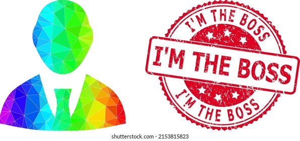 Red round corroded I'M THE BOSS seal and lowpoly boss icon with spectrum vibrant gradient. Triangulated rainbow colorful boss polygonal icon illustration with I'M the Boss dirty round red seal print.
