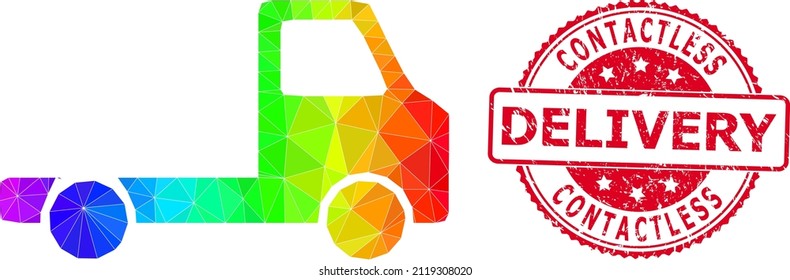 Red round corroded CONTACTLESS DELIVERY stamp and low-poly delivery car chassi icon with spectrum colored gradient.