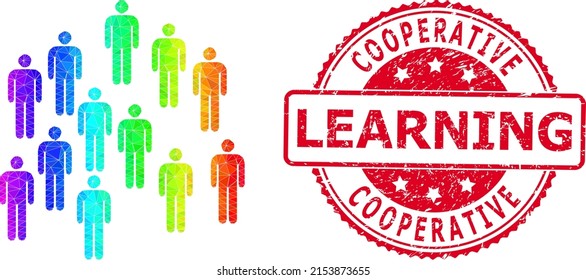 Red round corroded COOPERATIVE LEARNING seal and low-poly people crowd icon with rainbow vibrant gradient. Triangulated spectral vibrant people crowd polygonal icon illustration.