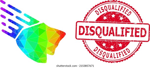 Red round corroded DISQUALIFIED badge and lowpoly falling rock stone icon with spectral colored gradient. Triangulated spectral colored falling rock stone polygonal symbol illustration.