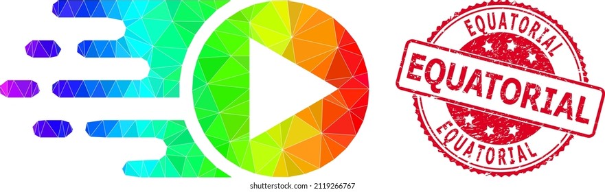 Sello EQUATORIAL de sello rojo redondo corroido e icono de juego de inicio bajo con gradiente espectral de color.
