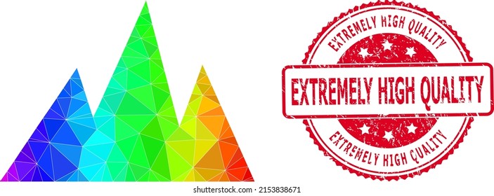 Red round corroded EXTREMELY HIGH QUALITY seal and lowpoly mountains icon with spectrum colorful gradient.