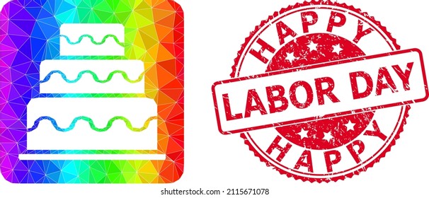 Red round corroded HAPPY LABOR DAY stamp seal   low  poly cake icon and rainbow vibrant gradient  Triangulated spectral colorful cake polygonal icon illustration 