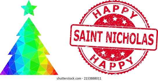 Red round corroded HAPPY SAINT NICHOLAS stamp seal and lowpoly christmas tree icon with rainbow colored gradient. Triangulated spectral colorful christmas tree polygonal 2d illustration.