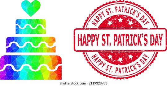 Red round corroded HAPPY ST. PATRICK'S DAY stamp and lowpoly marriage cake icon with rainbow colored gradient. Triangulated spectrum colorful marriage cake polygonal 2d illustration with Happy St.