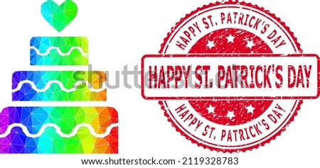 Red round corroded HAPPY ST. PATRICK'S DAY stamp and lowpoly marriage cake icon with rainbow colored gradient. Triangulated spectrum colorful marriage cake polygonal 2d illustration with Happy St.