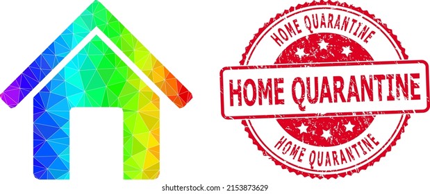 Red round corroded HOME QUARANTINE stamp and lowpoly home icon with spectral colorful gradient. Triangulated spectral colored home polygonal icon illustration.