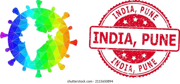 Rojo redondeado corroído INDIA, sello PUNE e icono de coronavirus indio de bajo polo con gradiente vibrante espectral. Espectro triangulado vibrante del coronavirus hindú ilustración de símbolo poligonal. y la India,