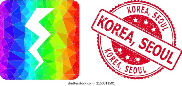 Red round corroded KOREA, SEOUL stamp seal and low-poly thunder crack icon with rainbow colored gradient. Triangulated rainbow colorful thunder crack polygonal icon illustration with Korea,