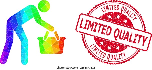 Red round corroded LIMITED QUALITY stamp seal and lowpoly tired buyer persona icon with spectrum vibrant gradient.