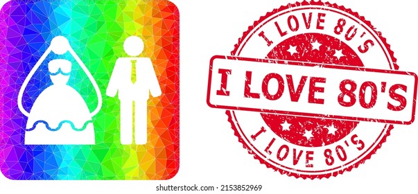 Rojo corroido me ENCANTA el sello de 80 y el icono de personas casadas de bajo polilla con gradiente vibrante arco iris. Matrimonio triangulado de color de personas de color símbolo poligonal ilustración.
