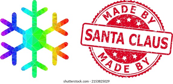 Red round corroded MADE BY SANTA CLAUS stamp seal and low-poly snowflake icon with rainbow colorful gradient. Triangulated rainbow colored snowflake polygonal icon illustration.