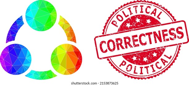 Red round corroded POLITICAL CORRECTNESS seal and low-poly cooperation icon with spectrum vibrant gradient.