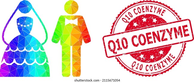 Red round corroded Q10 COENZYME badge and low-poly wedding couple icon with spectral colorful gradient.