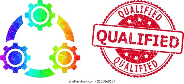 Red round corroded QUALIFIED stamp seal and lowpoly gear planetary transmission icon with rainbow colored gradient.