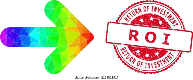 Rojo de la vuelta corroída de la INVERSIÓN R O I insignia y el icono de baja dirección derecha con gradiente espectral de color. Ilustración 2d del arco iris vibrante triangulado dirección derecha poligonal.