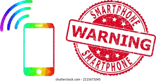 Red round corroded SMARTPHONE WARNING stamp and low-poly cellphone signal icon with rainbow colored gradient. Triangulated rainbow colored cellphone signal polygonal symbol illustration.