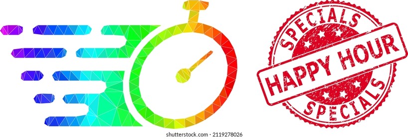 Red round corroded SPECIALS HAPPY HOUR stamp seal and lowpoly time tracker icon with rainbow colored gradient.