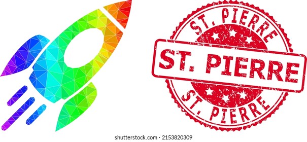 Rote Runde korrodierte ST. PIERRE-Siegel und Low-Poly-Raumraketen-Symbol mit spektralfarbenem Farbverlauf. Triangulierte spektralfarbene Raumrakete, polygonale Symbolgrafik. und St.