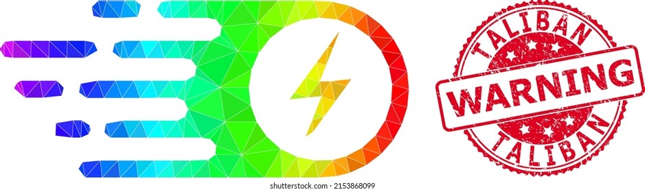 Rojo redondo corroído sello TALIBAN WARNING e icono de ataque eléctrico bajo con gradiente vibrante espectral.
