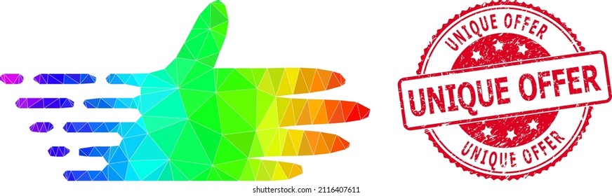 Rojo redondo corroyó el sello OFFER ÚNICO y el icono de mano movediza baja con gradiente vibrante espectral.