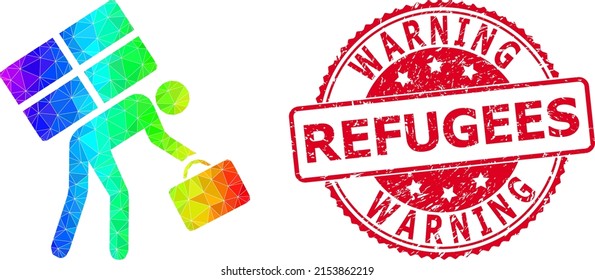 Red round corroded WARNING REFUGEES badge and lowpoly refugee person icon with spectrum vibrant gradient. Triangulated spectrum colored refugee person polygonal icon illustration.