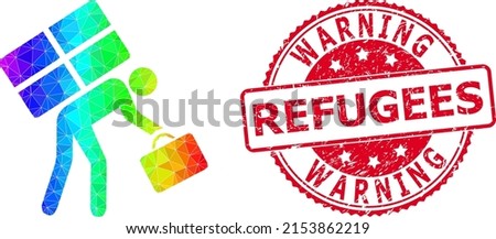 Red round corroded WARNING REFUGEES badge and lowpoly refugee person icon with spectrum vibrant gradient. Triangulated spectrum colored refugee person polygonal icon illustration.