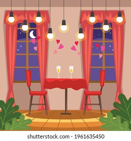 Red round dining table vector illustration. valentine dinner and date vector illustration