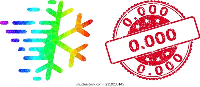 Red round dirty 0.000 stamp seal and low-poly frost snowflake icon with spectral colored gradient. Triangulated spectral colored frost snowflake polygonal symbol illustration. and 0.