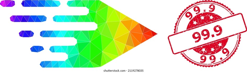 Red round dirty 99.9 badge and lowpoly movement right icon with rainbow vibrant gradient. Triangulated rainbow vibrant movement right polygonal icon illustration with 99.9 corroded round red stamp.