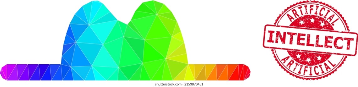 Red round dirty ARTIFICIAL INTELLECT seal and lowpoly hat icon with spectral vibrant gradient.