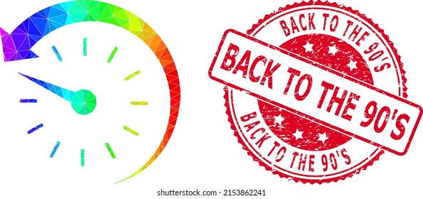 Red round dirty BACK TO THE 90'S badge and low-poly time backward icon with rainbow colorful gradient. Triangulated rainbow colorful time backward polygonal 2d illustration.