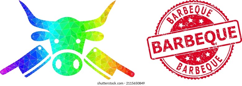 Rote rund schmutzige BARBEQUE Stempelrobbe und Low-Poly-Metzgereien-Ikone mit regenbogenfarbenem Farbverlauf. Triangulierte regenbogenartige Metzgerei, mehrfarbige Symbolgrafik.