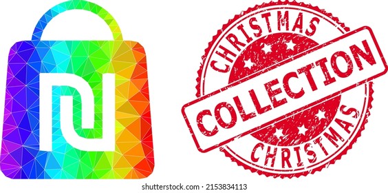 Red round dirty CHRISTMAS COLLECTION stamp seal and low-poly shekel shopping bag icon with spectral colorful gradient. Triangulated spectral colorful shekel shopping bag polygonal icon illustration.