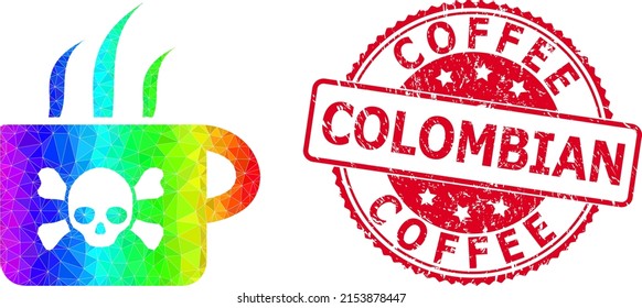 Red round dirty COFFEE COLOMBIAN stamp seal and lowpoly poison tea icon with spectrum vibrant gradient.