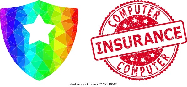 Insignia de SEGURO DE COMPUTADORA sucia y redonda roja e icono de protección de protección inferior con gradiente vibrante arco iris. Cubierta de protección de color arcoiris triangulada, ilustración 2d poligonal.
