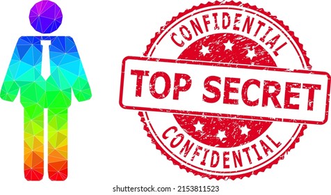 Red round dirty CONFIDENTIAL TOP SECRET stamp and low-poly groom icon with rainbow colored gradient. Triangulated rainbow colored groom polygonal icon illustration.