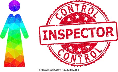 Red round dirty CONTROL INSPECTOR seal and lowpoly lady icon with spectral colored gradient.