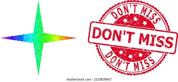 Red round dirty DON'T MISS stamp seal and lowpoly space star icon with spectral colorful gradient. Triangulated spectrum colorful space star polygonal 2d illustration.