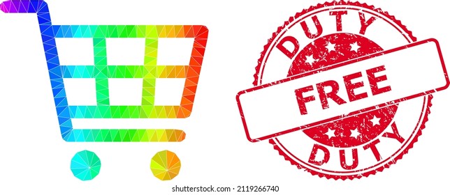 Red round dirty DUTY FREE seal and lowpoly shopping cart icon with rainbow colorful gradient.