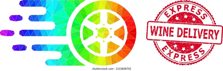 Red round dirty EXPRESS WINE DELIVERY badge and lowpoly bolide car wheel icon with spectral colorful gradient.